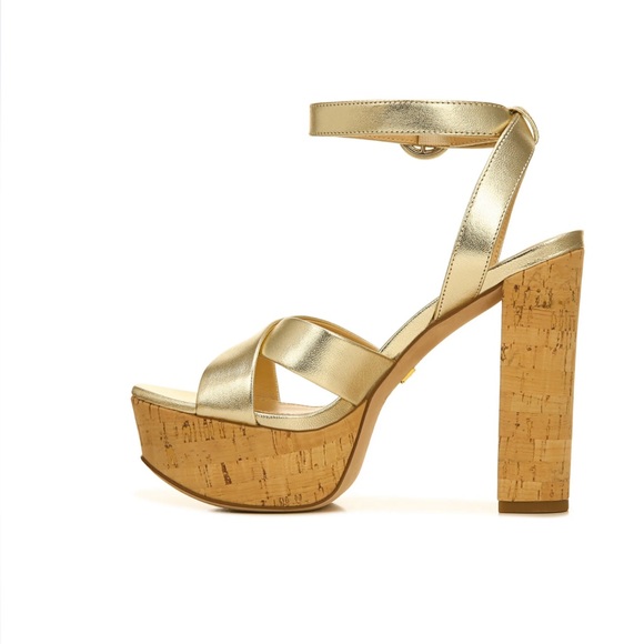 Veronica Beard Gold Lalana Leather Ankle Strap Cork Platform Heel Sandal 6.5 NIB - Picture 3 of 16